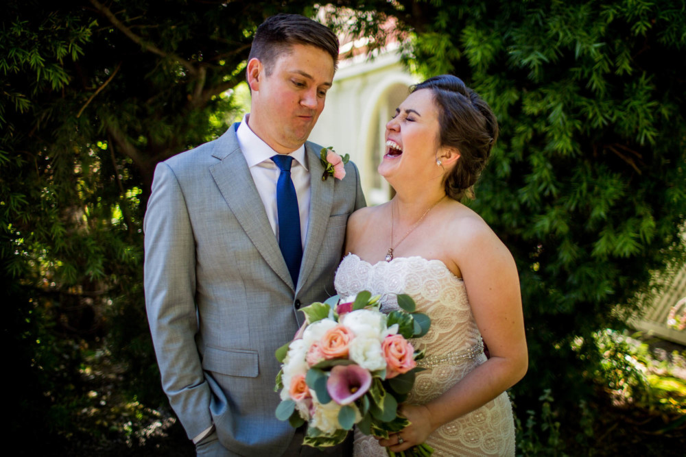 Funny moment between a bride and groom at The Winchester Mystery House in San Jose, CA