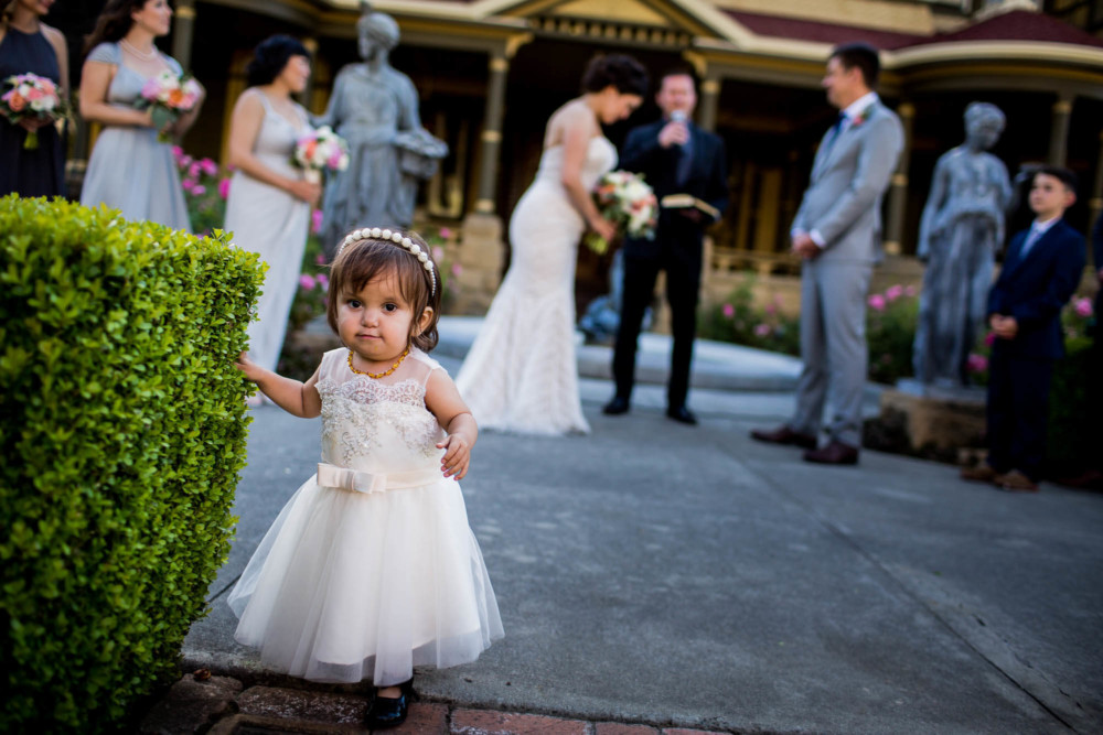 Adorable flower girl wandering during a wedding ceremony at the Winchester Mystery House in San Jose, CA