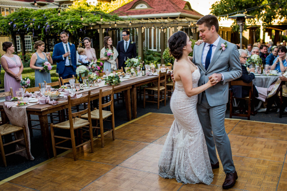 The bride and groom's first dance during their wedding reception at The Winchester Mystery House in San Jose, CA