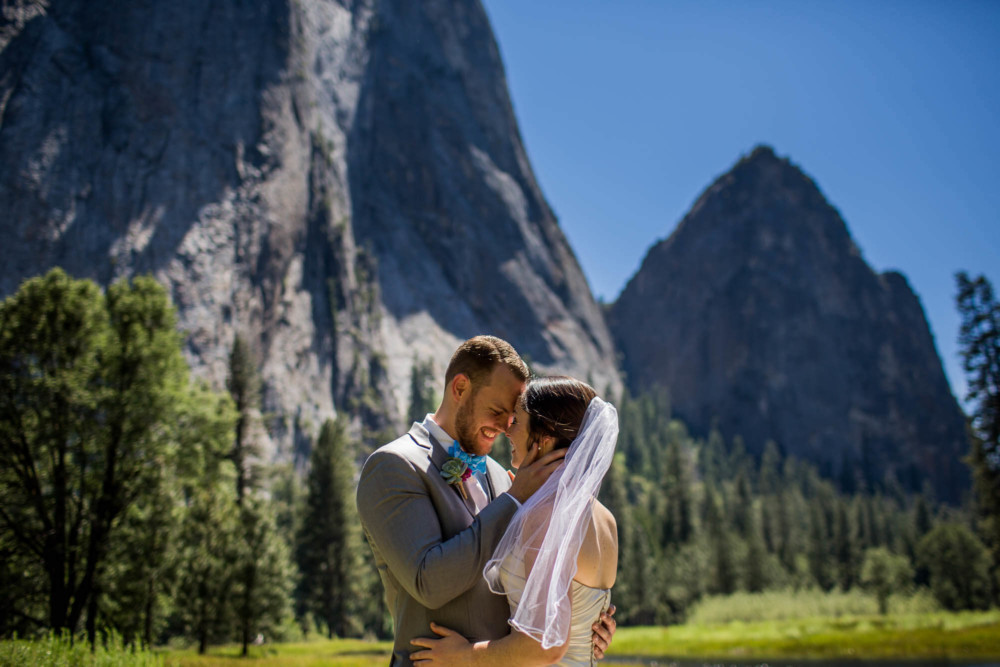 Portrait of a bride and groom in El Capitan Meadow before their wedding in Yosemite National Park