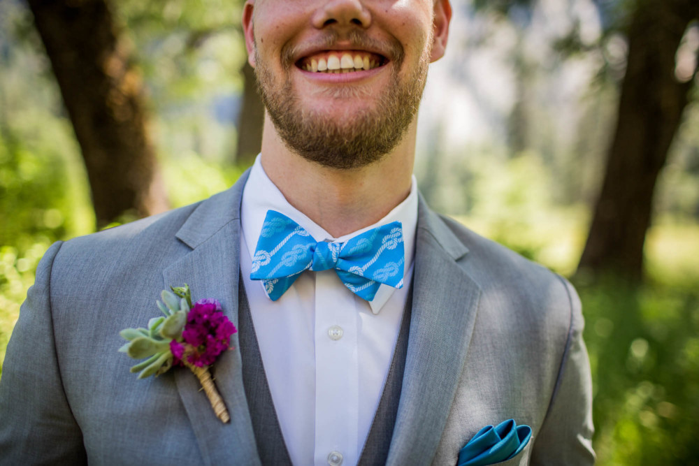 Groom's climbing themed bow tie before the wedding in Yosemite Valley