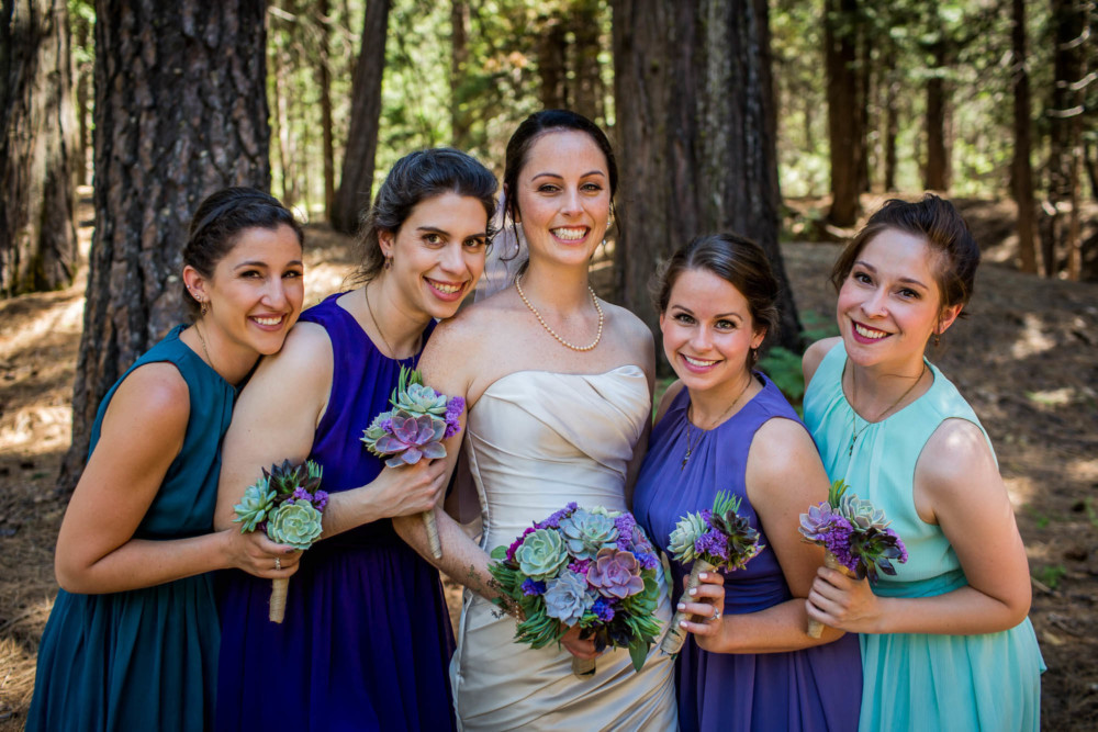Bridesmaids in a forest in Yosemite Valley