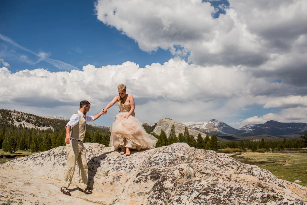 Portrait of a Bride and Groom after their elopement in Tuolumne Meadows in Yosemite National Park