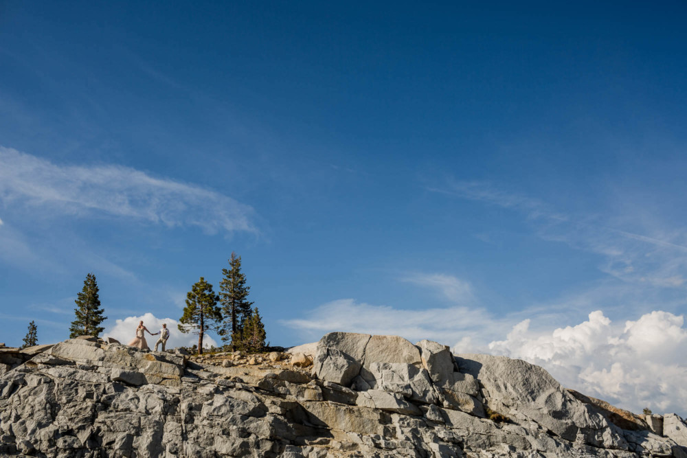 Portrait of a Bride and Groom at Olmstead Point after their wedding in Tuolumne Meadows in Yosemite National Park