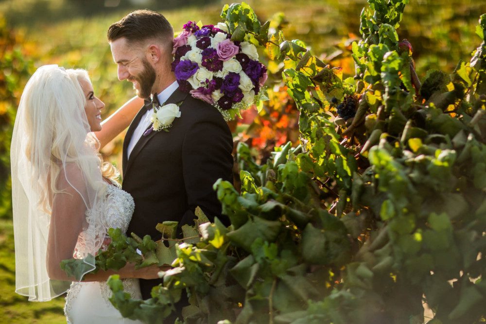 Portrait of a bride and groom in a vineyard at sunset at Copper River Country Club