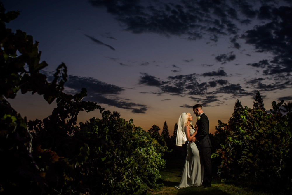 Wedding Portrait of a Bride and Groom in a vineyard at dusk at Copper River Country Club