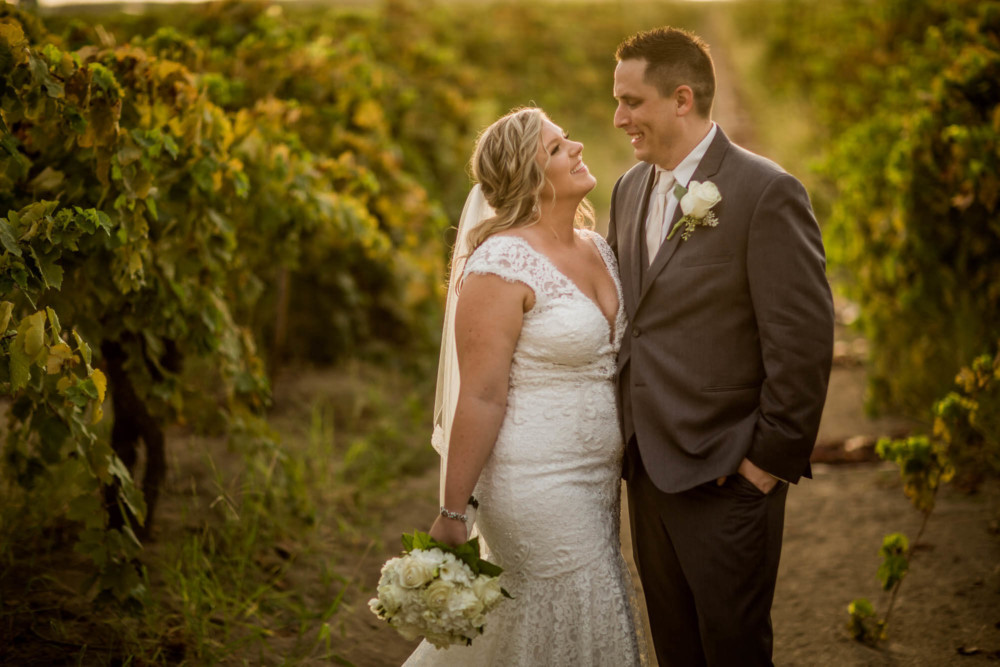 Portrait of the bride and groom at sunset in the vineyard