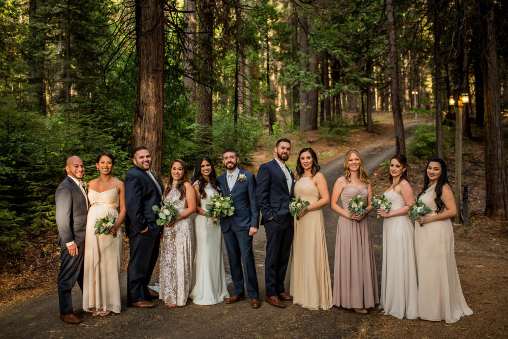 Portrait of the bridal party at Paradise Springs near Oakhurst, CA