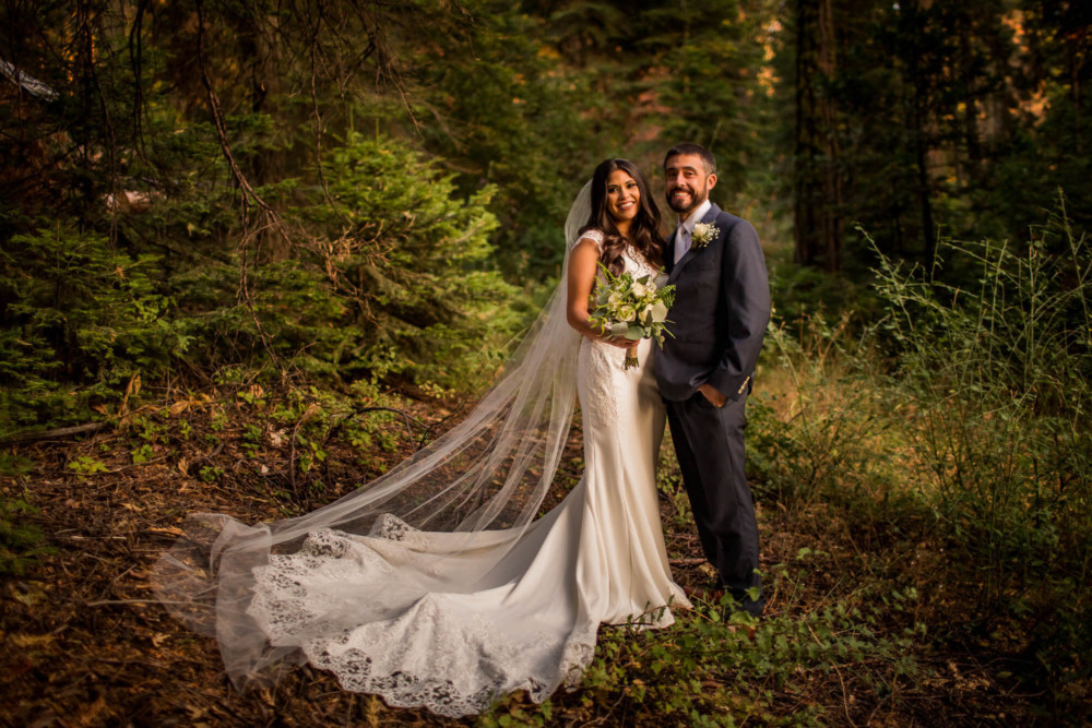 Portrait of the bride and groom at sunset at Paradise Springs