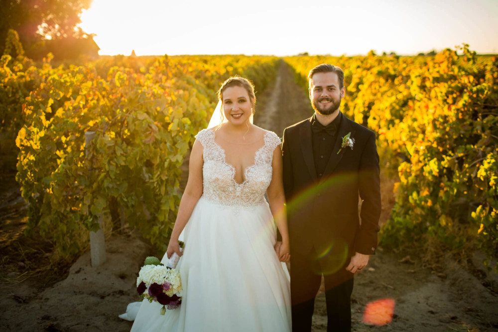 Portrait of the bride and groom in a vineyard at sunset