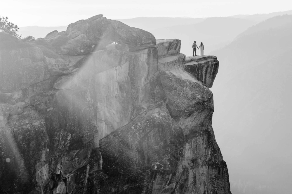 black and white portrait of a bride and groom at Taft Point