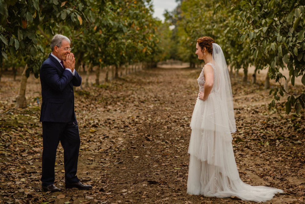 Father of the bride reacts upon seeing his daughter the first time in her dress