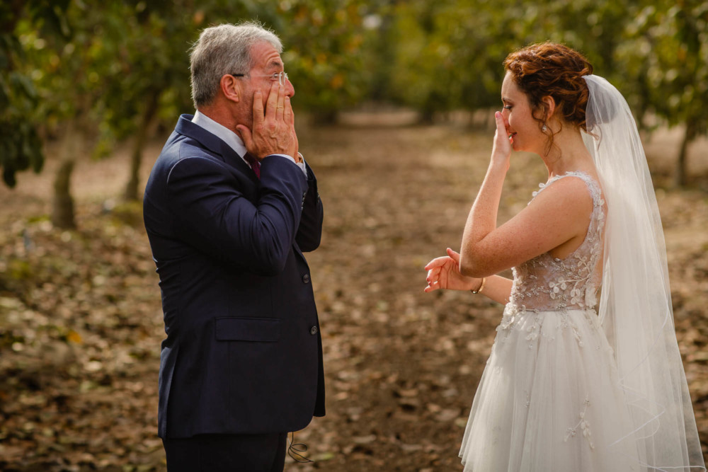 Father and bride each wipe tears during their first look