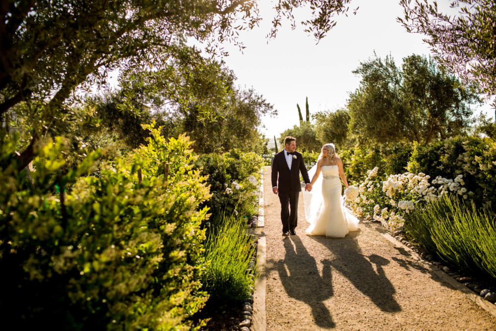 Bride and groom walk down a gravel path between olive trees at the Allegretto Vineyard Resort in Paso Robles, CA