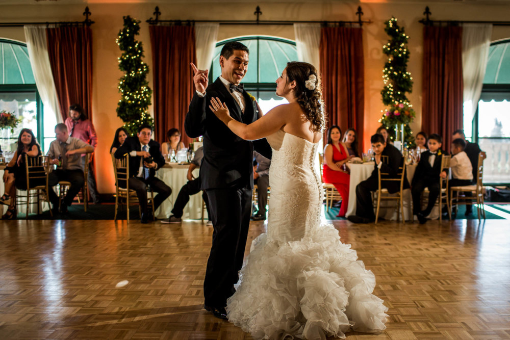 Bride and groom boogying during their first dance