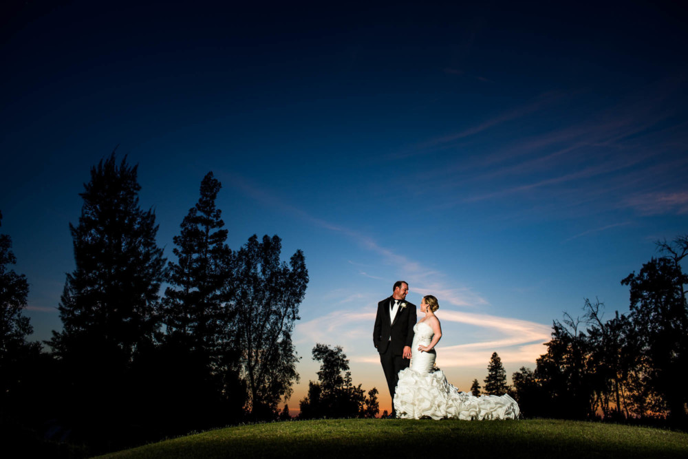 Portrait of bride and groom on a green hill with deep blue twilight sky
