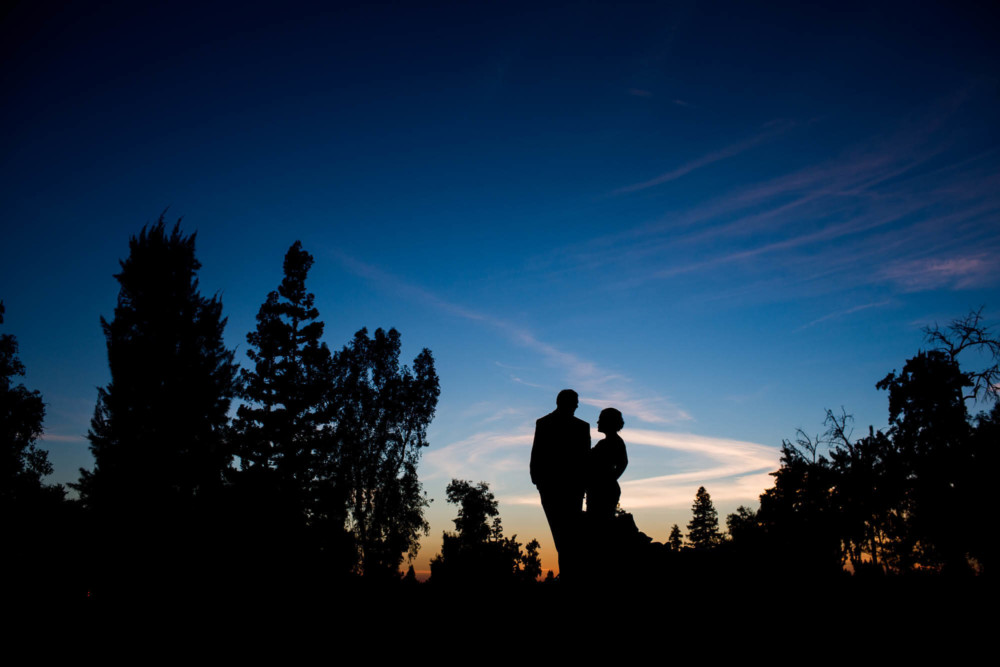 Silhouette portrait of the bride and groom at sunset