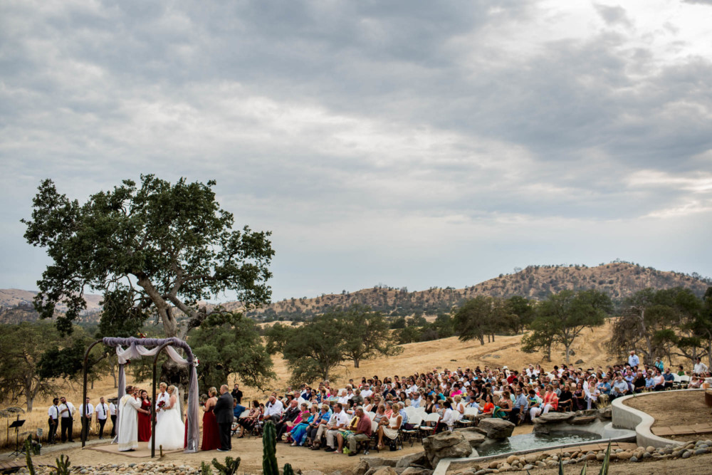 Wide shot of the wedding ceremony set in the rolling hills under a large oak tree