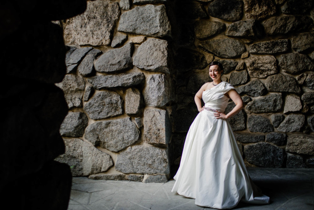 Portrait of the bride on the patio at the Majestic Yosemite Hotel
