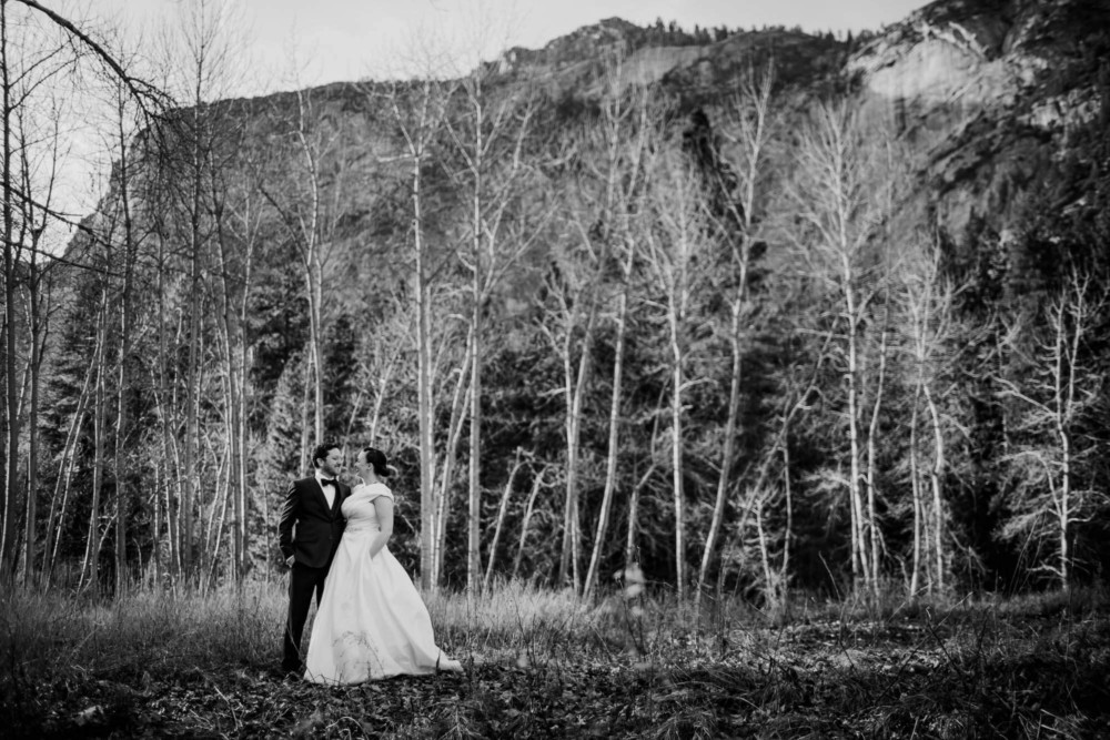 Portrait of a bride and groom black and white in front of bare trees