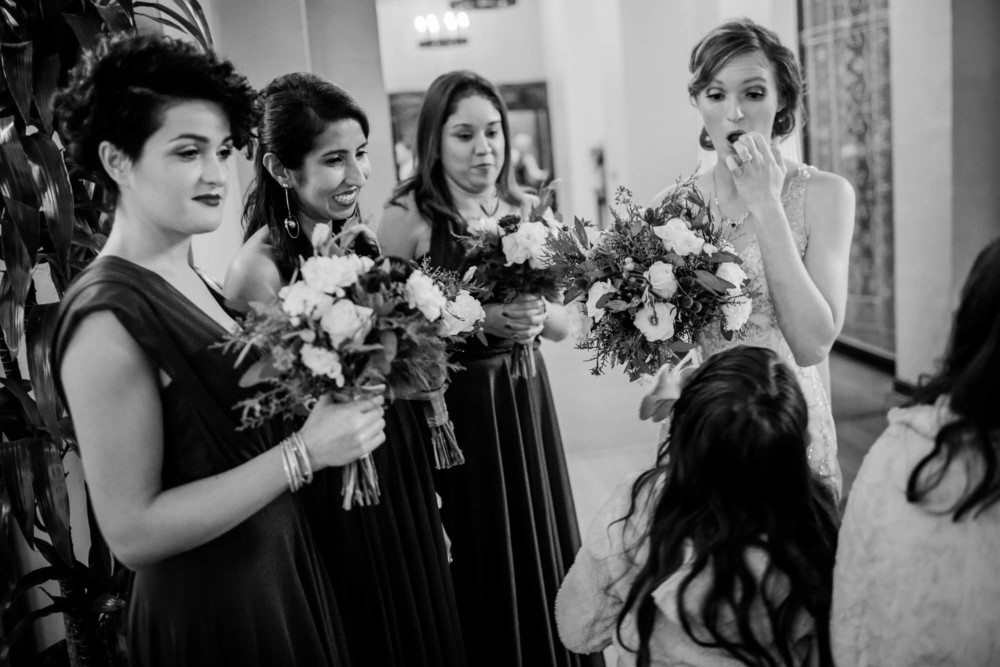 Bride reacting to the flower girl after her wedding ceremony in Yosemite