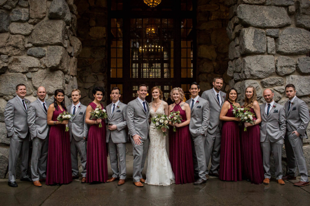 Bridal party portrait on the porch of the Majestic Yosemite Hotel