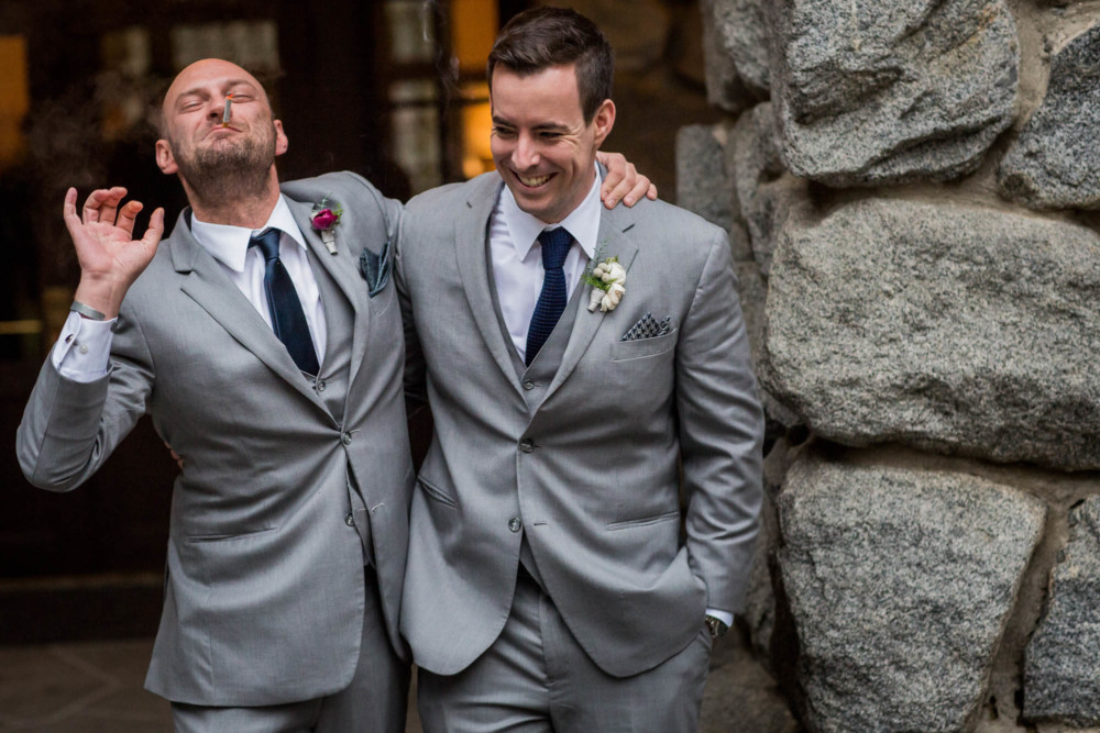Crazy portraits of the groom with a groomsman at the Ahwahnee Hotel