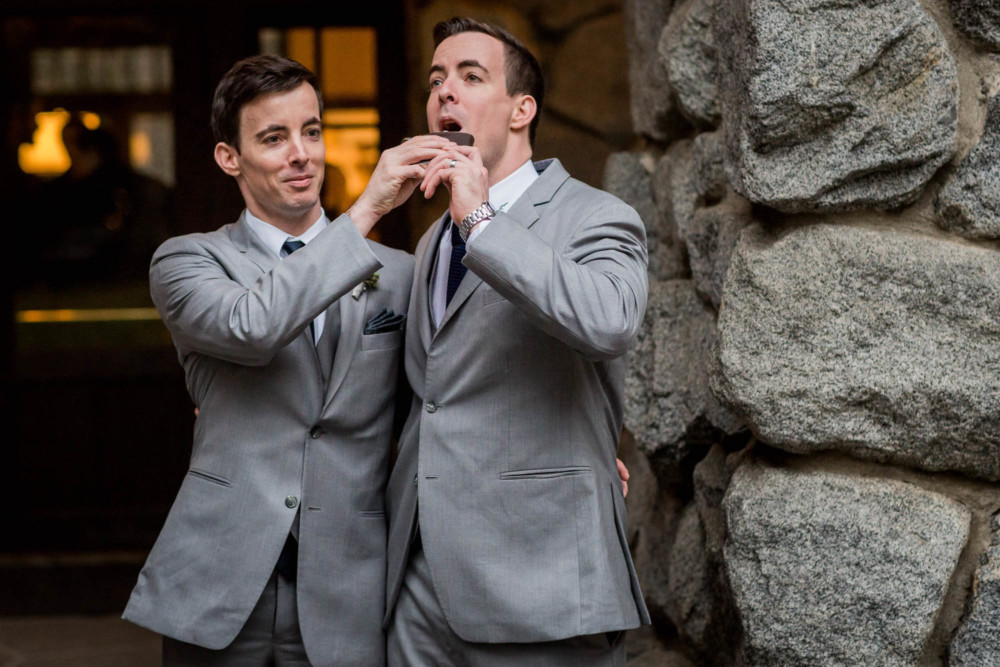 Crazy portraits of the groom with a groomsman at the Ahwahnee Hotel
