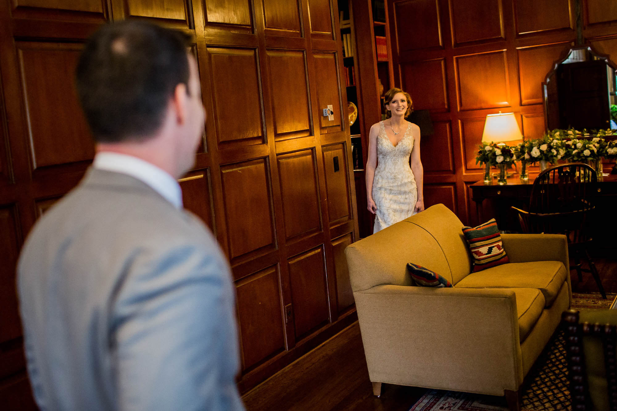 Bride and groom first look in the Library Suite at The Majestic Yosemite Hotel
