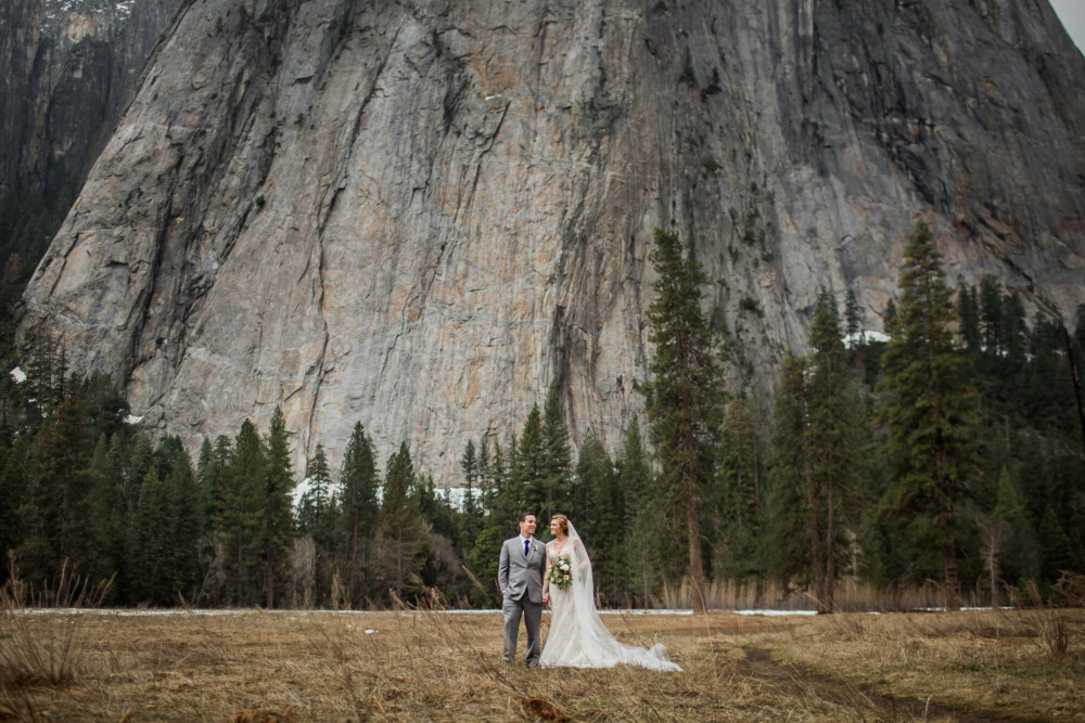 Bride and groom in El Capitan Meadow in Yosemite Valley