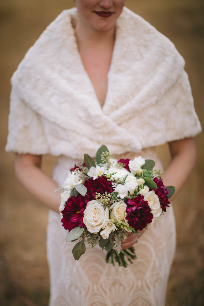 Detail of bride's bouquet in Yosemite National Park