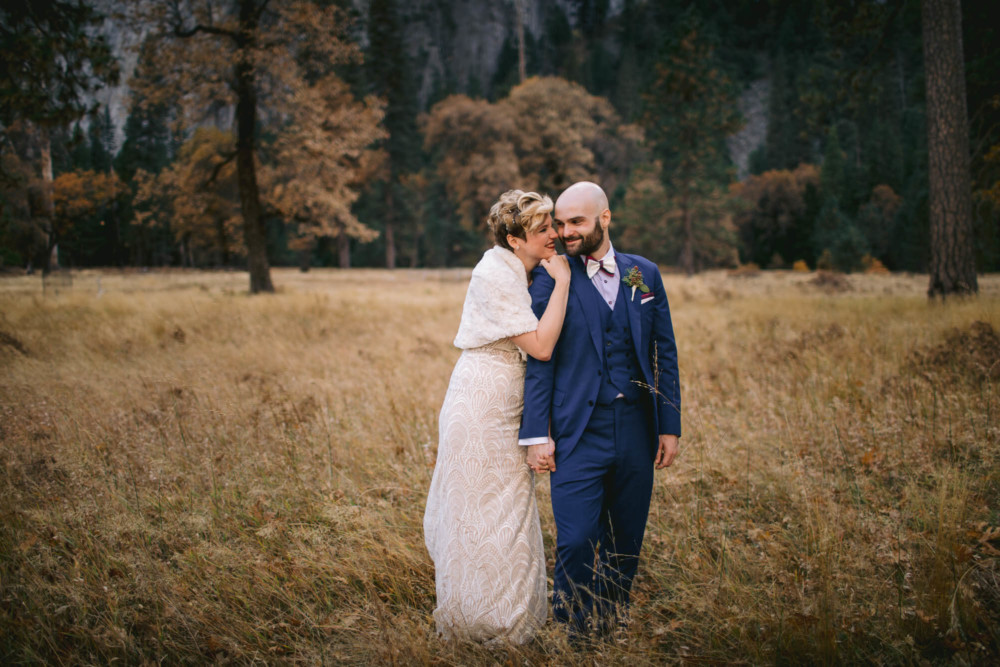 Bride and groom portrait in El Capitan meadow before their wedding in Yosemite National Park