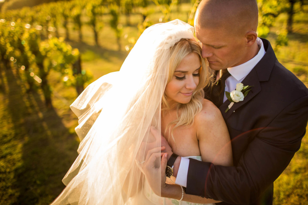 Bride and groom in vineyard at sunset