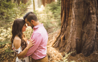 A couple shares a moment among the giant sequoias