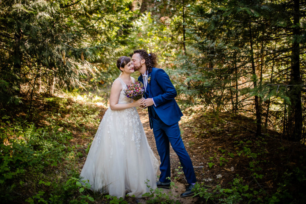 Silly portrait of the bride and groom after their wedding near Yosemite