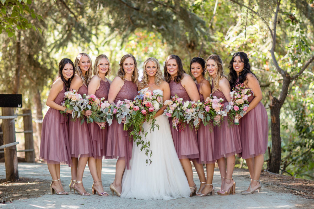 Bride and her bridesmaids under the trees