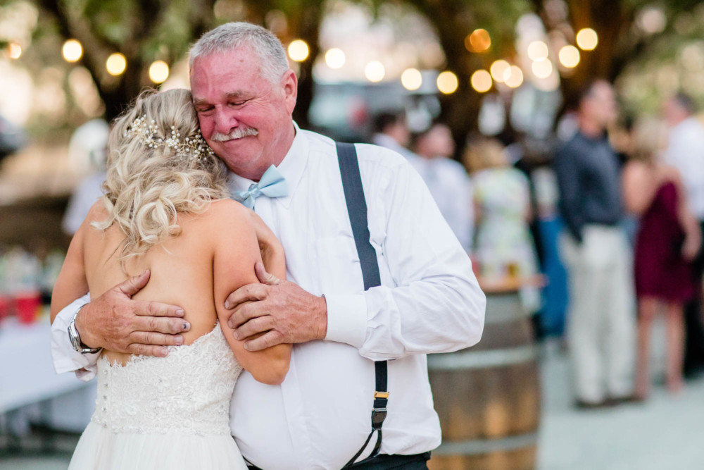 Father of the bride fighting back tears during a father daughter dance