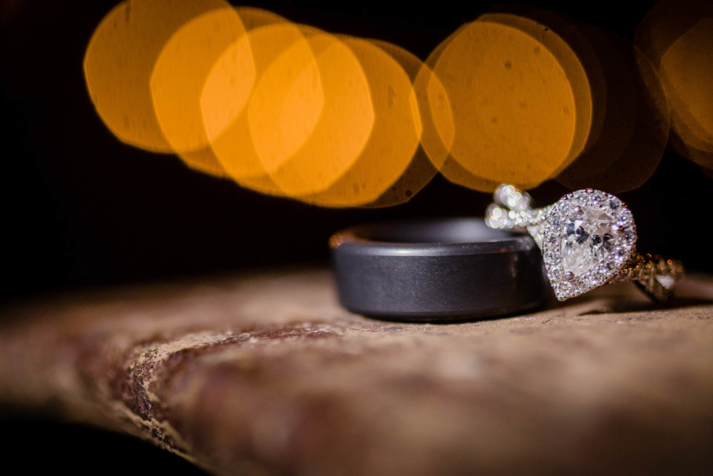Detail photograph of bride and grooms wedding rings