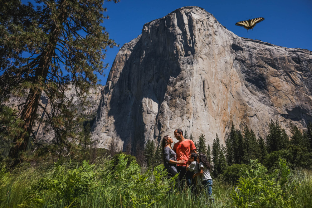 Family poses at the edge of a meadow in front of El Capitan in Yosemite National Park with a butterfly flying through the frame