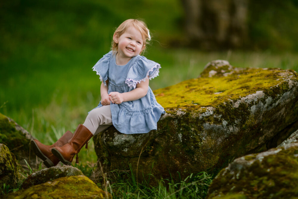 young girl in a blue dress poses on a granite rock among green grass and yellow wildflowers
