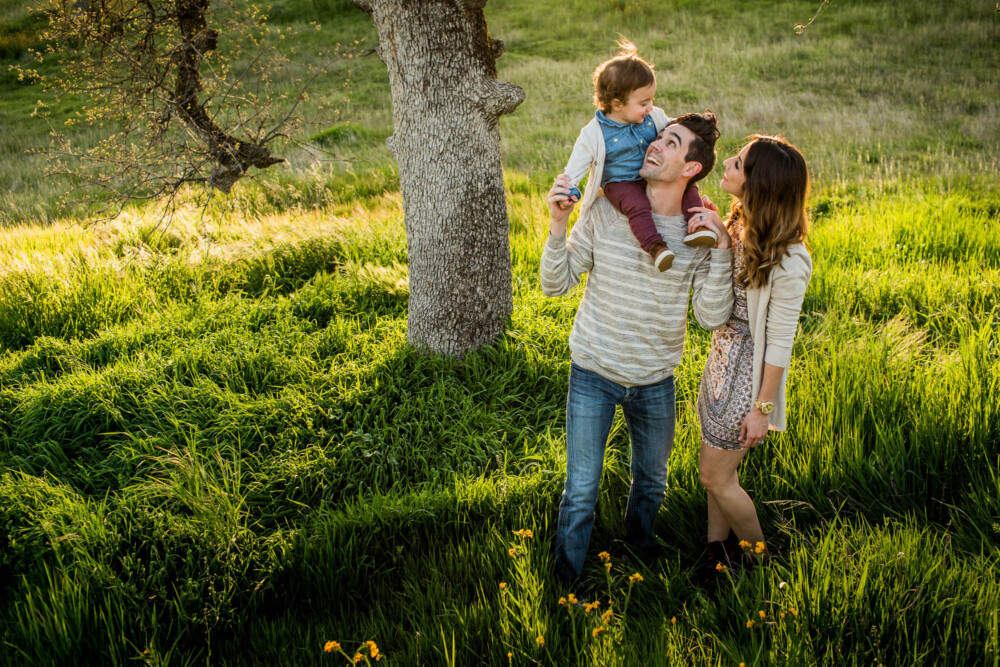 Family of three with toddler standing in tall green grass under an oak tree